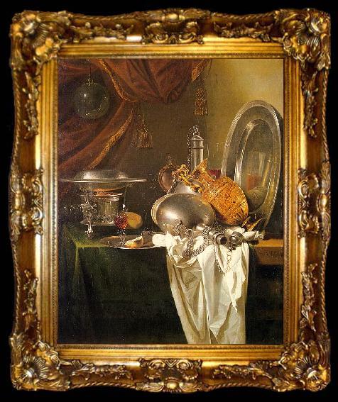 framed  Willem Kalf Still Life with Chafing Dish, Pewter, Gold, Silver and Glassware, ta009-2